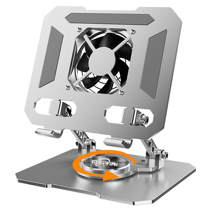 360° Rotating Tablet Desk Stand Holder with USB Cooler，Carbon Steel Frame Dual Rod Mount Support for iPad Pro 13 12 11 Air Mini 5 4 3 Samsung Tab E-Reader (Silver with Built-in Cooler) Silver with built-in cooler