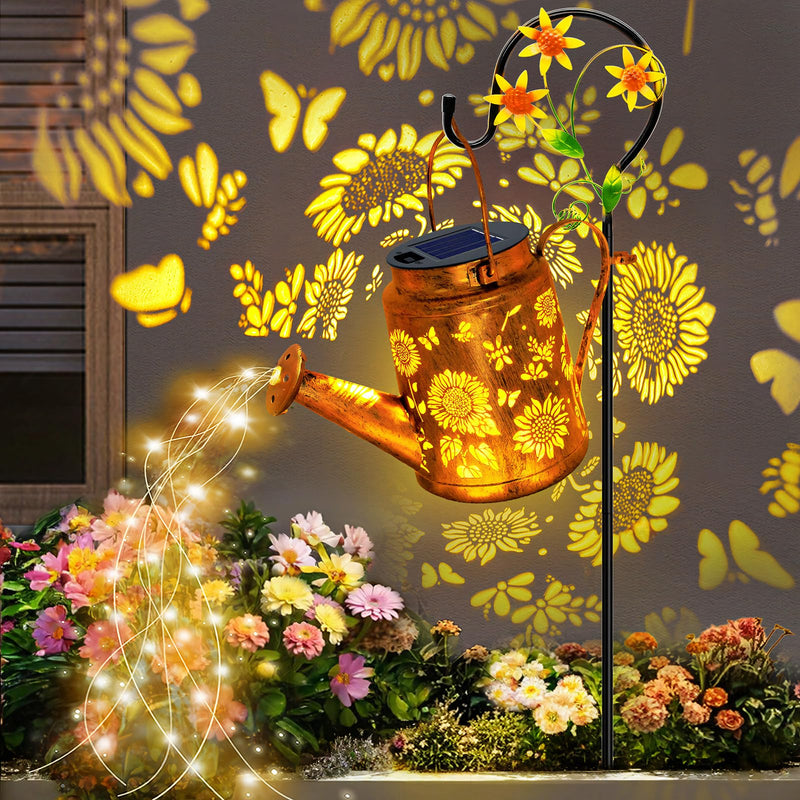 Solar Lights Outdoor Waterproof, Sunflower Solar Watering Can Lights with Shepherd Hook, Metal Hanging Lantern Garden Decor Yard Outside Patio Lawn, Gifts for Mom Grandma Women Birthday