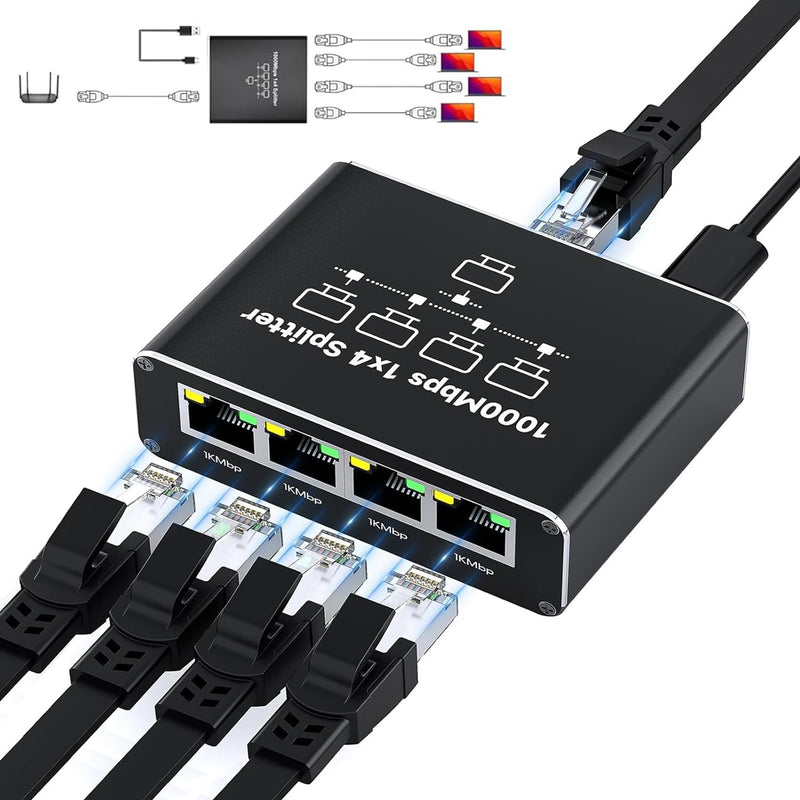 Ethernet Splitter 1 to 4, 1000Mbps High-Speed Internet Splitter, Gigabit RJ45 Port Router Switch, LAN-Splitter, Supporting Simultaneous Networking of 4 Devices, Applicable to Cat5/5e/6/7/8 Cable Ethernet Splitter 1 to 4