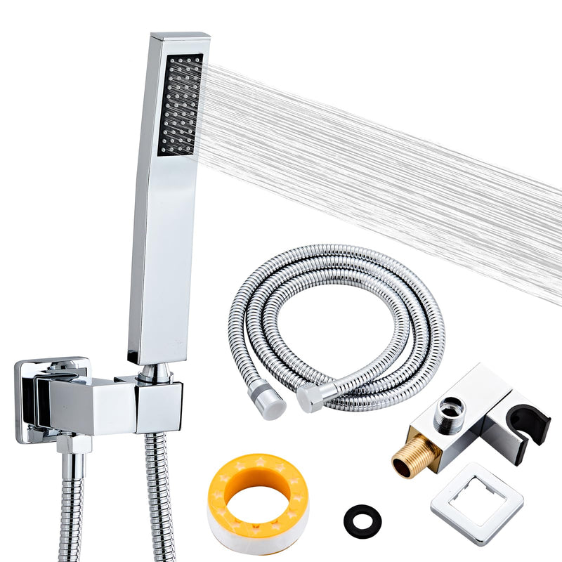 Bathroom Square Chrome Solid Brass Hand Held Shower Head With Wall Connector and Hose System Wall Mount Handheld Showerheads Set
