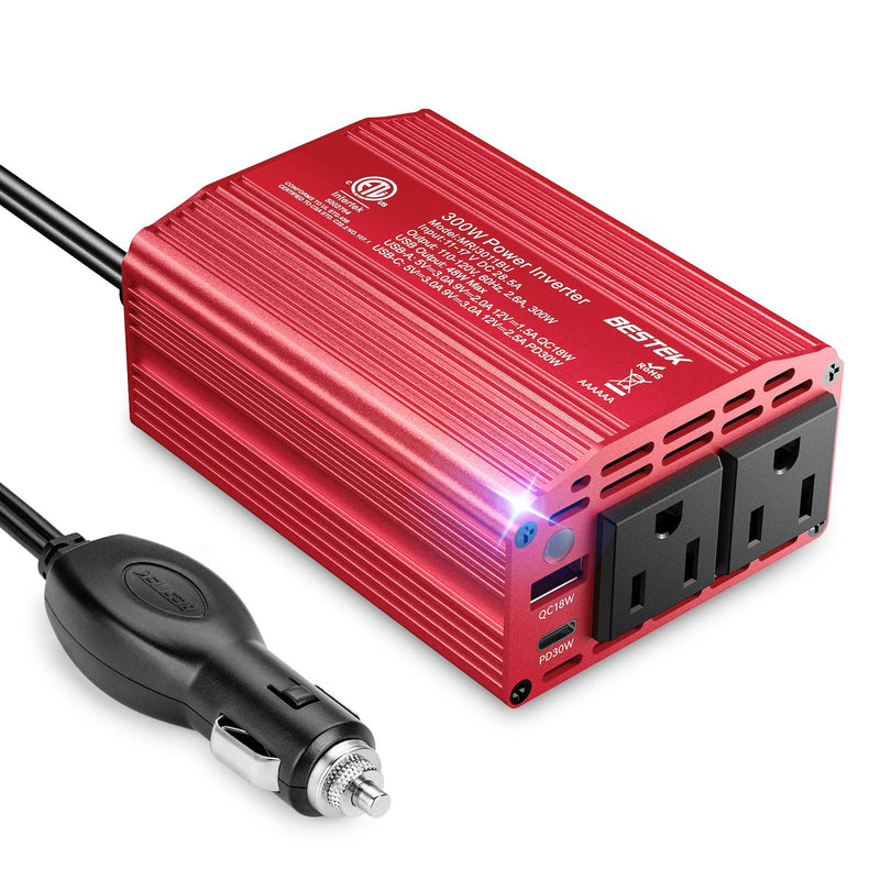 BESTEK 300W Car Power Inverter - DC 12V to 110V AC Car Plug Adapter with 30W USB-C & 18W USB-A Dual AC Outlet, Fast Car Charger Adapter for Laptop, Vehicles, Road Trip Essentials Red