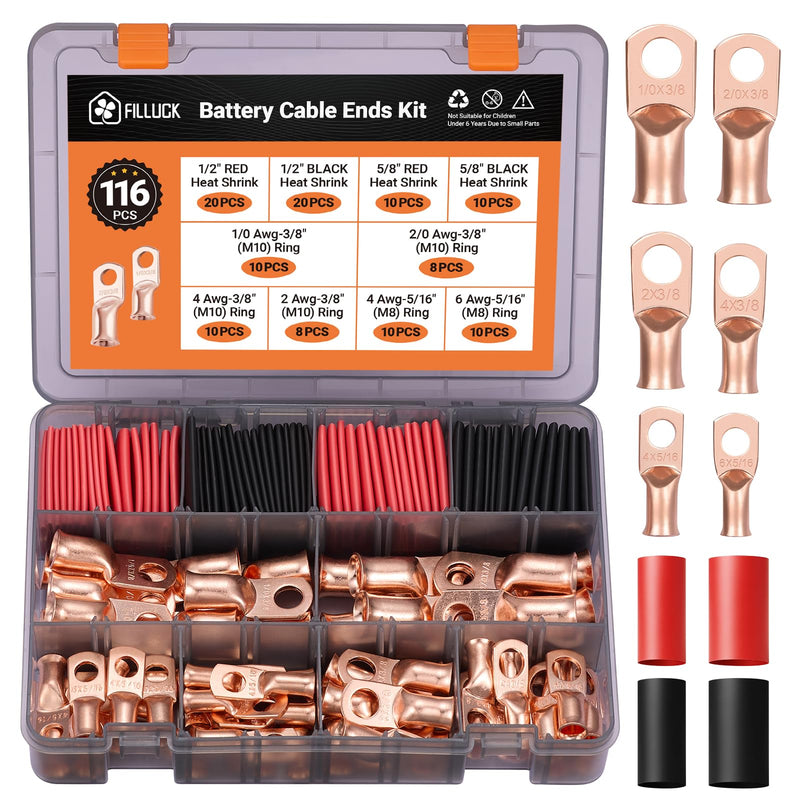 116pcs Battery Cable Ends Kit,1/0 AWG 2 AWG 2/0AWG 4 AWG 6 AWG Copper Lugs,0 Gauge Heavy Duty Wire lugs, 3/8" & 5/16" Ring Terminal Connectors with 3:1 Heat Shrink Tube & Storage Box 116