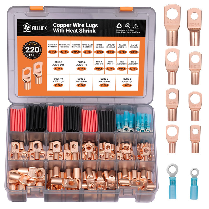 220pcs Battery Cable Ends Kit,AWG 2/4/6/8/12 Copper Lugs,Heavy Duty Wire lugs, Ring Terminal Connectors with 3:1 Heat Shrink Tube & Storage Box