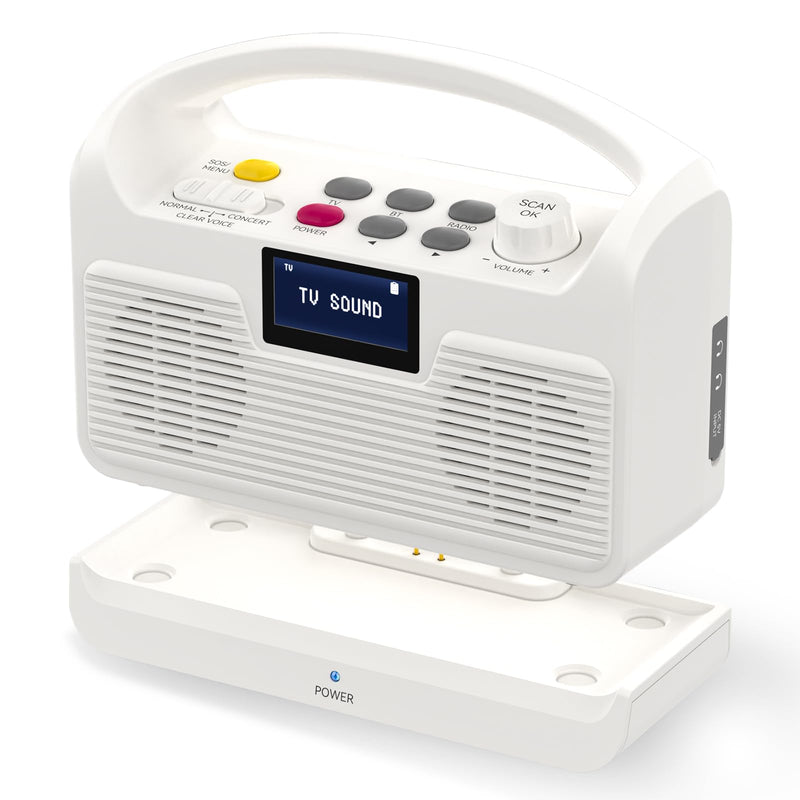 ANSTEN Portable Wireless Speakers for TV Voice Highlighting Wireless TV Speaker for Hard of Hearing Elderly, Dual Loudspeakers Bluetooth Speakers, 3 Sound Modes, LCD Display, SOS Function, FM Radio White