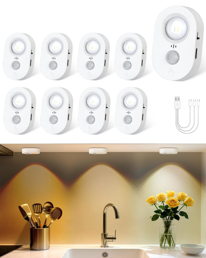 Yiliaw LED Motion Sensor Puck Lights Indoor, Small Rechargeable Under Cabinet Lighting, Dimmable Warm White Closet Lights, Stick on Wireless Night Light for Drawer, Shelf, Kitchen, White (9 Pack) 9 Packs