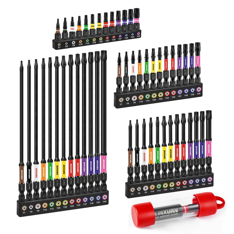 Impact Torx Screwdriver Bits Set, 52Pcs Magnetic(T7-T40) S2 Steel 1”/2”/3”/6” Long Extension Multi Star Driver Bits and 1Pc Bit Holder with Color Coded Base 53pcs-Mix-T