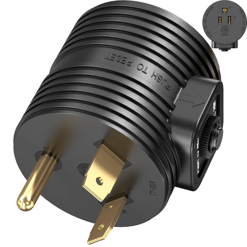 30A to 110 Adapter NEMA TT-30P Male Plug to NEMA 5-15R Female Receptacle with 15A Rated Breaker Grounding House Power to RV Camper ETL Listed