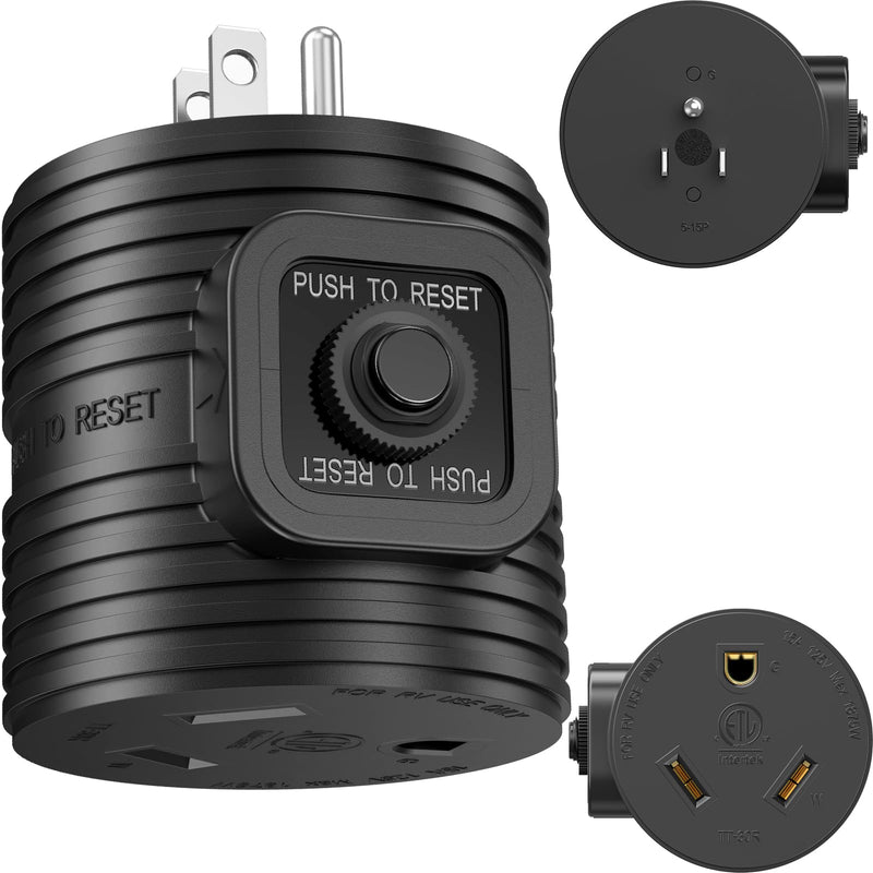 30 Amp to 110 AdapterNEMA 5-15P Male Plug to NEMA TT-30R Female Receptacle with 15A Rated Breaker Grounding House Power to RV Camper ETL Listed