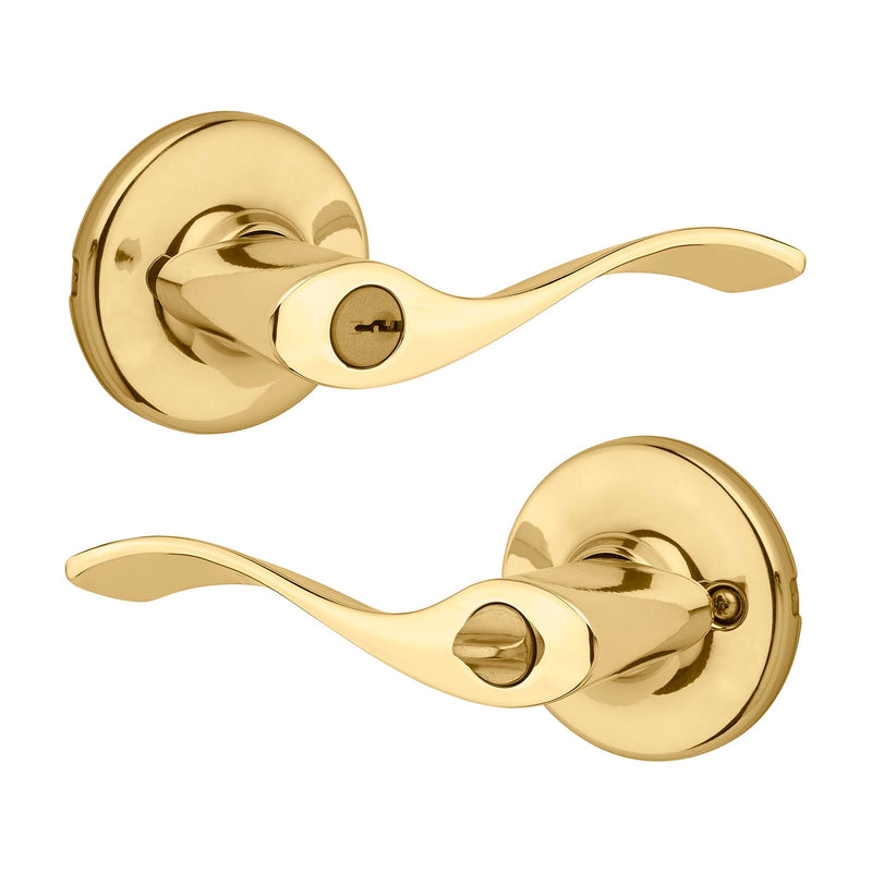 Kwikset Balboa Entry Door Handle with Lock and Key, Secure Keyed Reversible Lever Exterior, for Front Entrance and Bedrooms, Polished Brass, Pick Resistant Smartkey Rekey Security