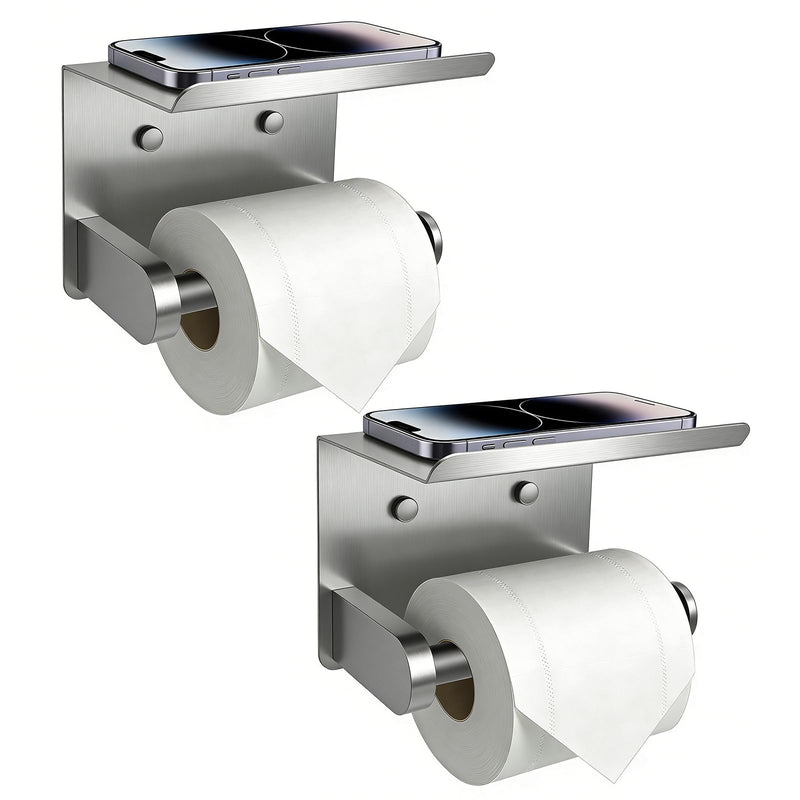 SetSail Toilet Paper Holder with Shelf Adhesive or Screw-in Bathroom Toilet Paper Roll Holders Wall Mount Brushed Nickel Heavy-Duty Tissue Holder for Bathroom Hardware Accessories, 2 Packs