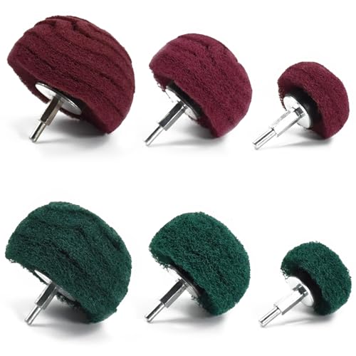 Scouring Pads Non Woven Abrasive Drill Cleaning Kit, 6 Pcs Abrasive Buffing Polishing Wheel Drill Attachment Set, 3 Green and 3 Red