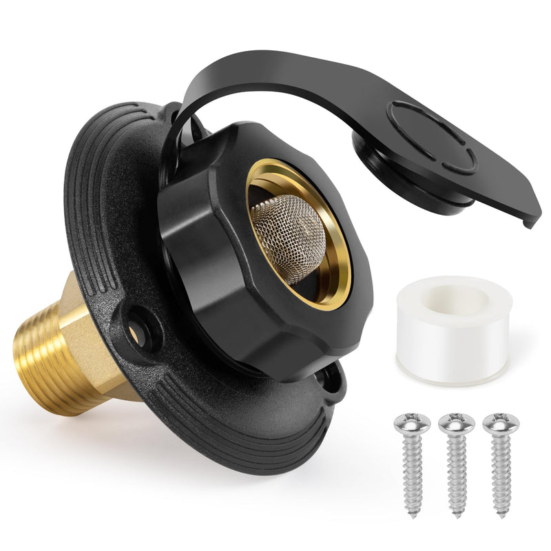 TONDA RV City Water Inlet with Check Valve, Brass Thread RV Water Fill Inlet Replacement, RV Water Hose Connector for Camper, Trailer, Motorhome Black