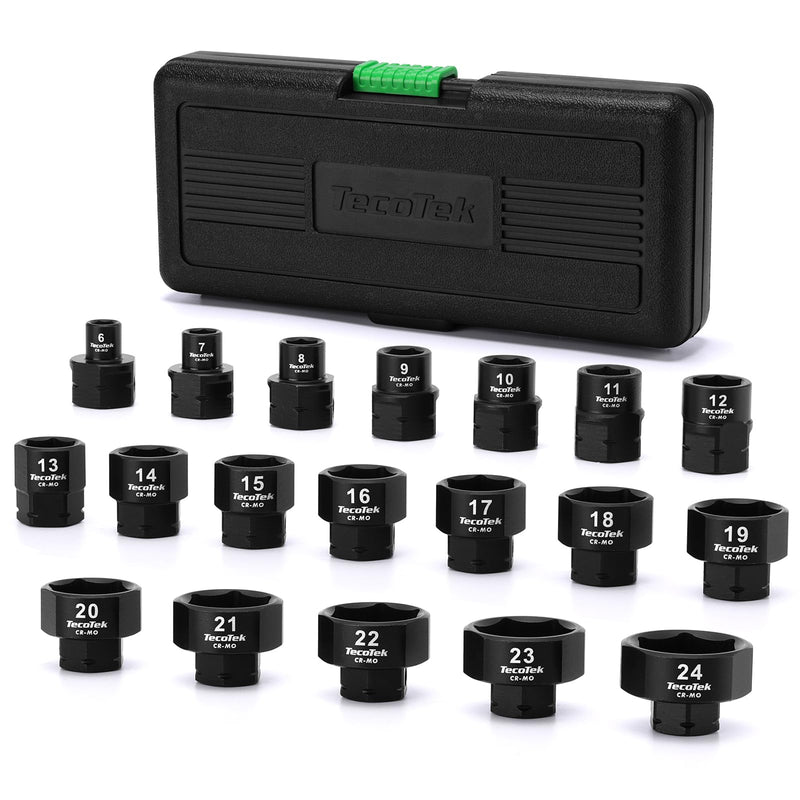 TecoTek 19PCS 3/8-Inch Drive Metric Low Profile Impact Socket Set, Stubby Socket Set, 6mm-24mm, No Skips Sizes, 6 Point, Cr-Mo, Shorter Socket for Tight Areas 0.24" - 0.94" (0.38" Dr.)