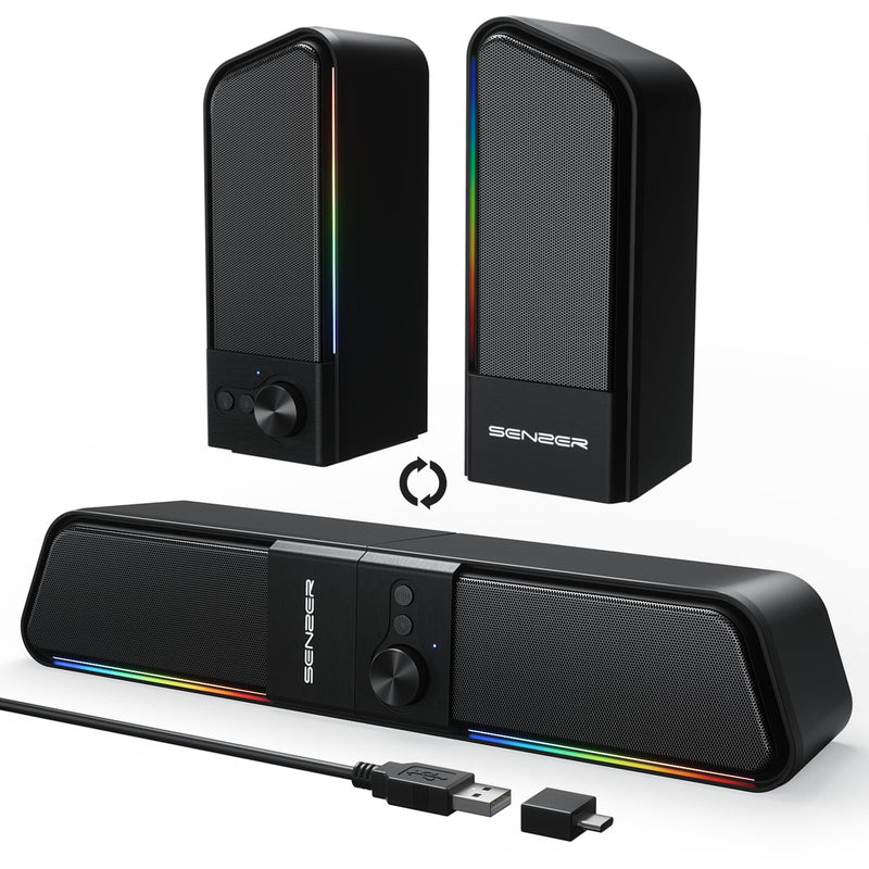 SENZER CS20 2 in 1 Bluetooth Computer Speakers for Desktop, USB Plug & Play Clear Sound PC Speakers with RGB Light, Monitor Sound Bar with Volume Knob, Gaming Speaker for PC Laptop Phone Tablet Black