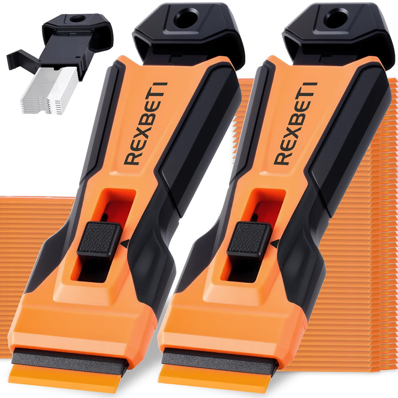 REXBETI Razor Blade Scraper Tool, 2 Pack Razor Scraper with Extra 314Pcs Razor Blades -14Pcs Metal and 300Pcs Plastic Blades, Cleaning Scraper Tool, Cooktop, Paint, Glass Scraper Upgraded 2 Pack