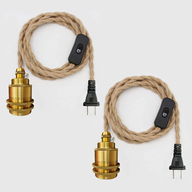 2 Pack Gold Pendant Light Cable DIY Kit, Industrial Vintage Plug in E26 Socket Hanging Lamp, Hemp Rope Hanging Lighting with Switch for Bedroom Hallway Kitchen Living Room Farmhouse(Bulb Not Included) Gold-3M-2PC
