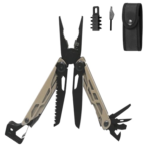 23-in-1 Multitool Pliers - Multi tool Pocket Knife with Screwdriver, Fire Starter, Saw, Whistle, Wire Stripper, Survival Gear for Hunting and Camping with Nylon Sheath (Brown) 23-in-1 Brown