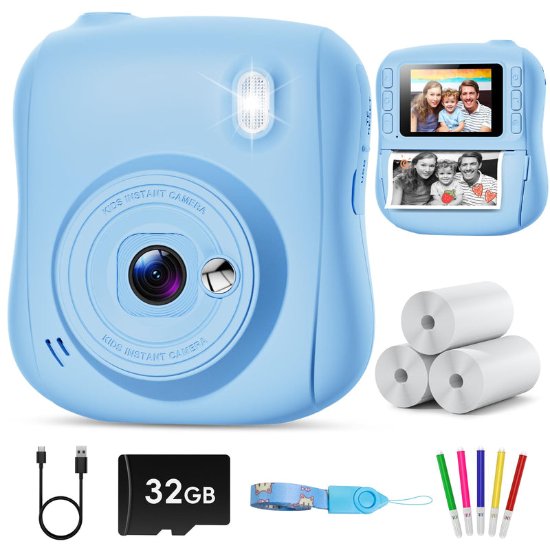 Instant Print Camera for Kids,Christmas Birthday Gifts for 3 4 5 6 7 8 9 10 11 12 Year Old Boys Girls,Toddler Digital Video Camcorder Cameras, Best 1080P HD Selfie Toy with 32GB SD Card Blue