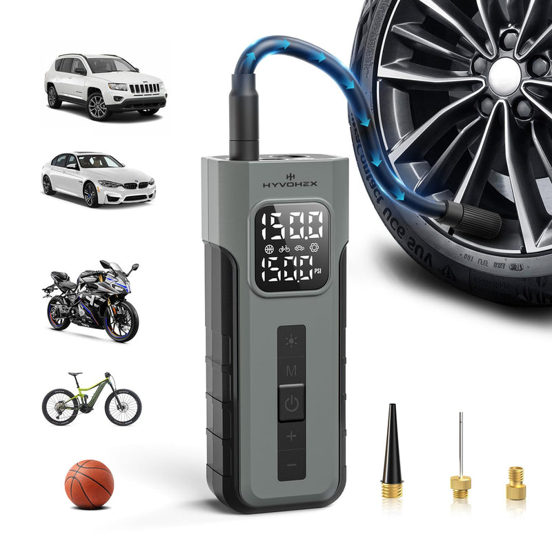 Tire Inflator Portable Air Compressor, 1 Min Fast Inflation Cordless Bike Pump with Digital Pressure Gauge LED Light, 150 PSI Electric Air Pump for Car Tires, Bicycle, Motorcycle, Ball