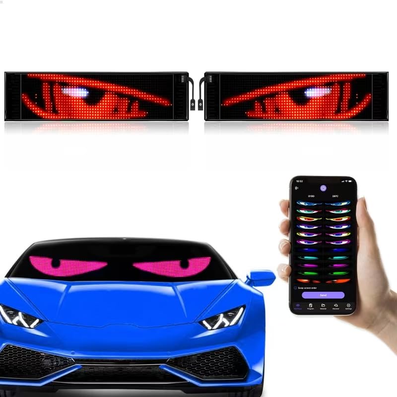 2Pcs Devil Eyes Light for Cars | LED Eyes for Truck Windshield | Flexible Scrolling Programmable LED Sign | Can Edit Text/Graffiti/Animations 15"x 4"/2Pcs