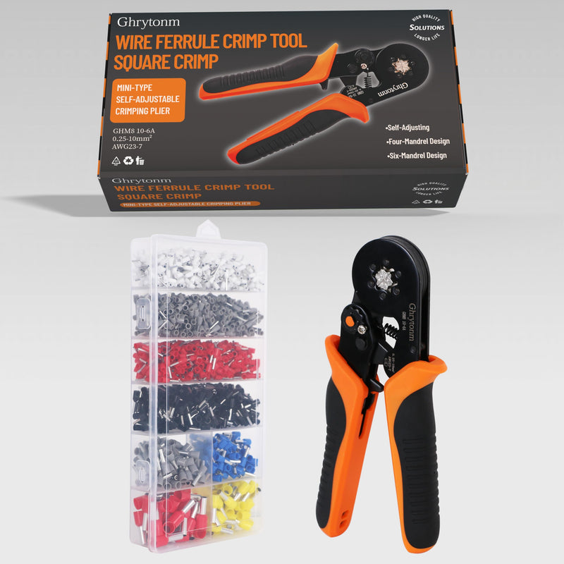 Ferrule Crimping Tool Kit, AWG 10-6 Self-adjustable Ratchet Wire Ferrule Crimper Plier Set with 1800pcs Wire Terminals Crimping Connectors Wire Ends Ferrules, Black/Orange With 1800pcs Wire Connectors