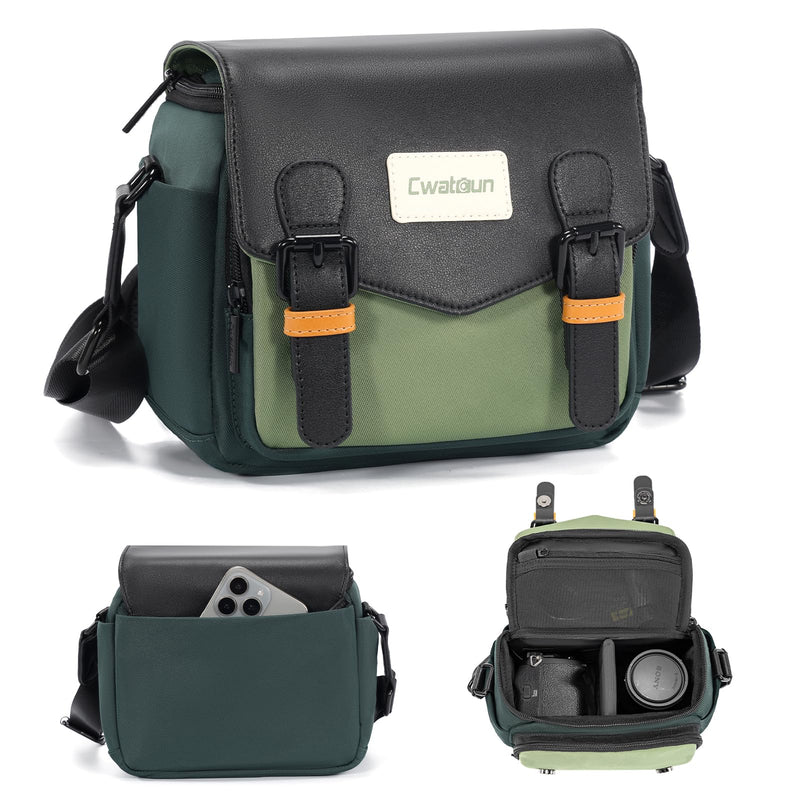 Cwatcun Compact Camera Sling Bag, Small Crossbody Case with Tripod Holder | Camera Messenger Bag, Photography Bag for Canon, Nikon, Sony, Fuji DSLR/SLR/Mirrorless, Lens.Fits 1DSLR+1lens Green S