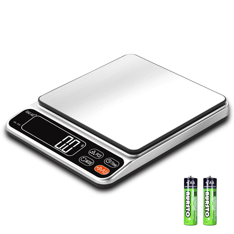 Food Scale,5kg/11lb Digital Kitchen Baking Scale Grams and Ounces for Cooking Coffee Meal prep Packages Weight Loss,0.1g high Precision,7Units with Timer, Easy Clean Stainless Steel Silver L
