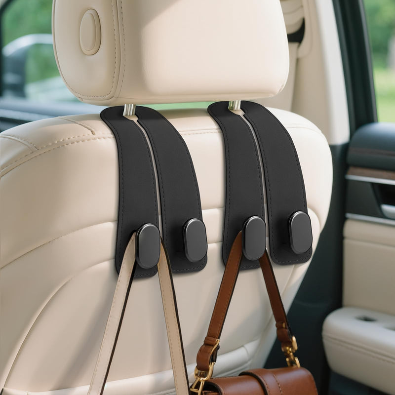 Car Seat Headrest Hooks - 2 Pack Universal Car Purse Hook, Leather Car Bag Purse Holder with Double Metal Hooks for Handbags, Grocery Bags, Bottles, Phones Black