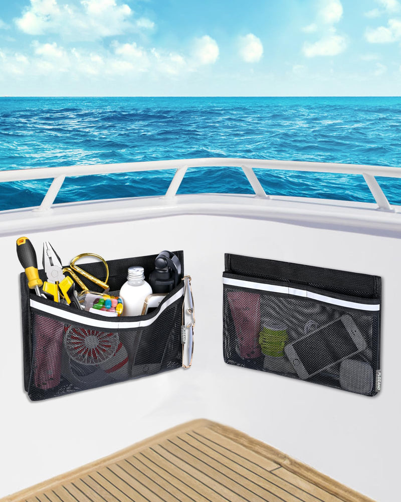 PLOZANO Boat Storage Accessories, 2PCS Closable PVC Reflective Self-Adhesive Universal Boat Caddy Organizer Mesh Bag for Gloves, Tools, Tackle, Gear 10"*7"