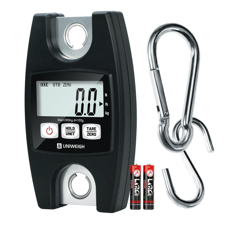 UNIWEIGH Digital Hanging Scale 660lb/300kg Handheld Crane Scales | Industrial Scales with Hooks,Luggage Scales with LCD/Hold/Tare for Weighing,Farm Hunting,Fishing Outdoor,Suitcases(Black)