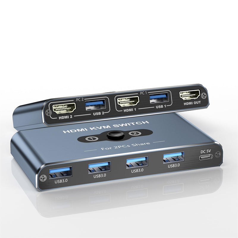 KVM Switch, KVM Switch 1 Monitors 2 Computers, HDMI Switch, 4K@60Hz KVM Switches for 2 Computers Sharing 1 Monitor, 4 USB 3.0 Devices Such as Keyboard, Mouse, Printer, Scanner (Grey) Grey