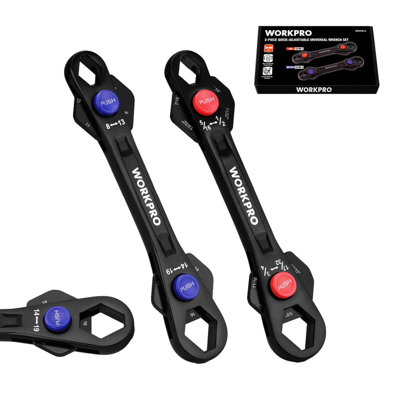 WORKPRO 2-Piece 12-in-1 Universal Adjustable Wrench Set, 8-19mm Metric & 5/16"-3/4" SAE Multi-Size Wrenches with Heat-Treated Cr-Mo Steel, ASME Standard, Multi-Position Head, for Home, Workshop, DIY Metric & SAE Set