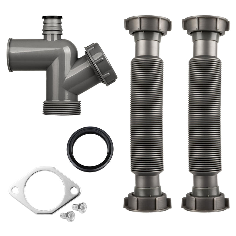 Garbage Disposal Drain Kit, Elbow Replacement, 1-1/2" Pipe Diameter, Includes Elbow, Flange, Gasket, Two Screws, and Two Extendable Drain Pipes