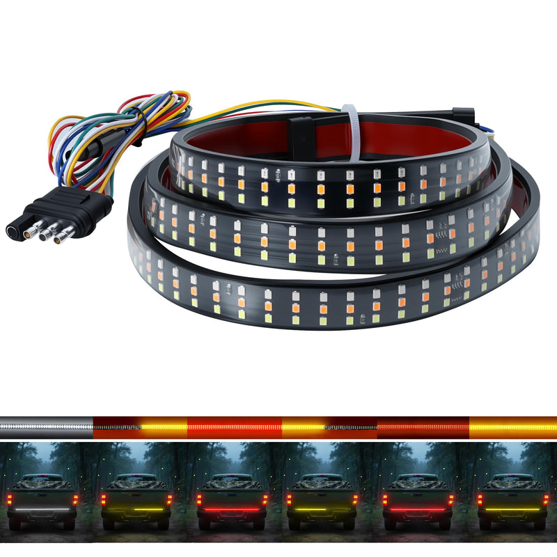60" Truck Tailgate Light Bar - 432 LED Triple Row Strip with Red Brake/White Reverse/Yellow Turn Signals, Sequential & Strobe Effects, Waterproof Silicone for Pickup Trucks, SUVs, Trailers 60" Tailgate Light Strip 432 LEDs