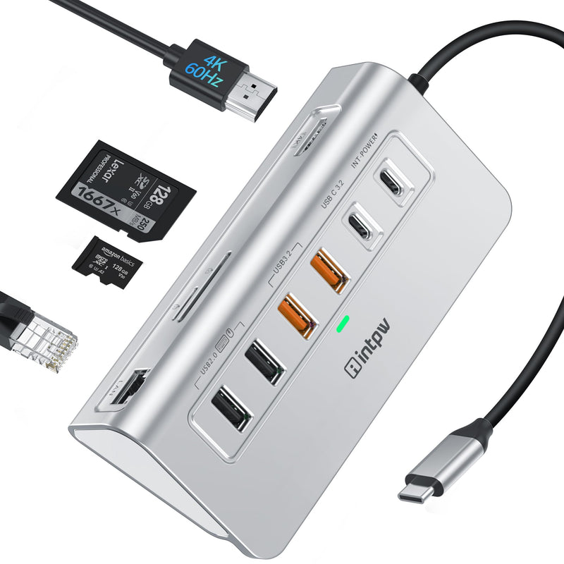 USB C Hub Ethernet, 10-in-1 USB Docking Station 10Gbps with 4K@60Hz HDMI, USB C and 2 USB A 3.2 Data, LAN, 2 USB A 2.0, PD 100W, SD/TF Ports, Powered USB Hub for Laptop, PC, iPhone 16/15, Mac Silver