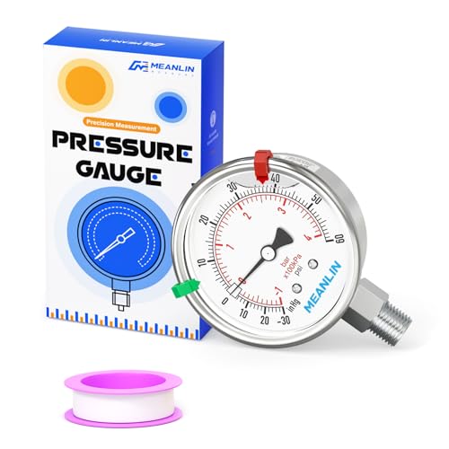MEANLIN MEASURE -30inHG~60Psi Vacuum Pressure Gauge 316 Stainless Steel Joint 1/4" NPT 2.5" FACE DIAL, Stainless Steel Liquid Filled Pressure Gauge WOG Water Oil Air Lower Mount, 2PCS Snaps -30inHG-60Psi