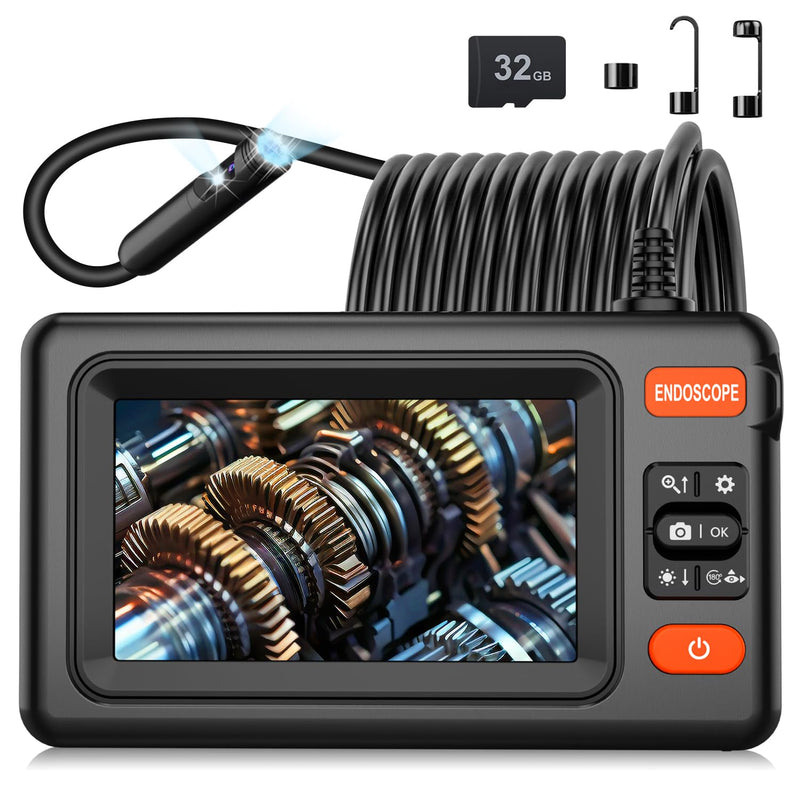 Dual Lens Endoscope Camera with Light, 1920P HD Borescope Camera with 4.3" LCD, 8 Adjustable LEDs, 16.4FT Semi-Rigid Cable & 32GB Card-IP67 Waterproof Inspection Borescope for Sewer/Drain/Pipe(Black) Black