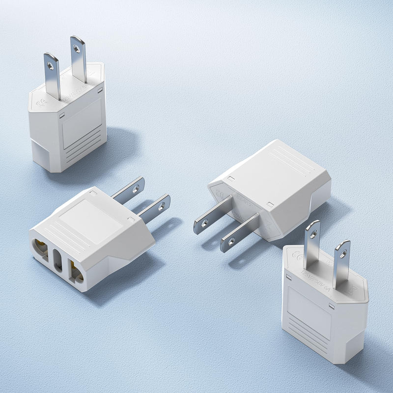 European to US Plug Adapter, SUPERDANNY EU to US Plug Adapter Converts 2-Prong Type A for Plugging in Type C, E, F, L, N Plugs, 660W 6A Max 110-250V Travel Plug for Europe to USA, White, 4-Pack White (4 Packs)