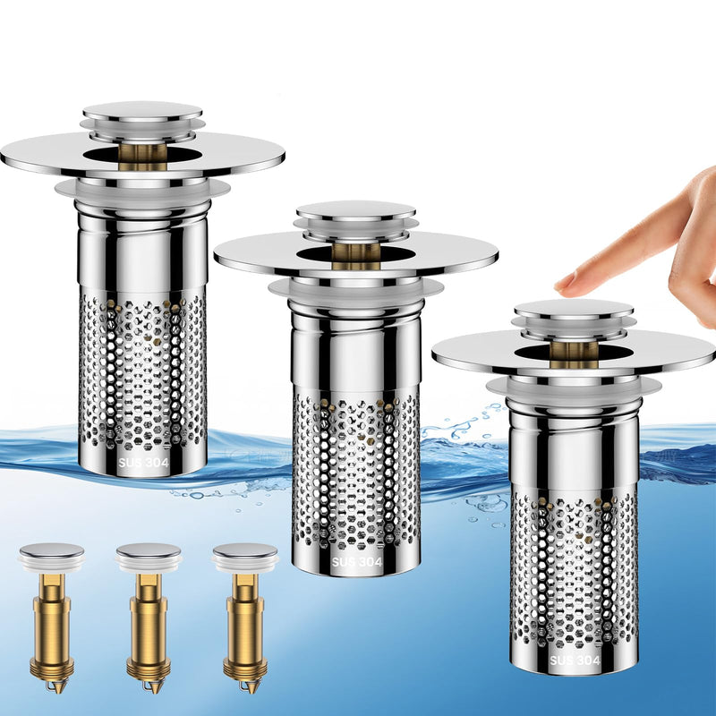 Bathroom Sink Drain Strainer,Universal Pop-Up Sink Stopper Hair Catcher, Anti-Clog Stainless Steel Drain Filter Basket, Removable Sink Drain for Bathroom Sink Stopper Silver-3pack