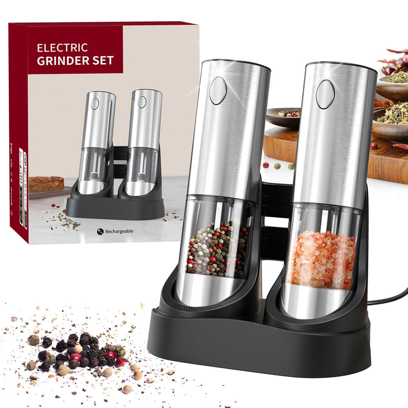 RECHARGEABLE - Electric Pepper and Salt Grinder Set, Adjustable Coarseness, With LED Light, One Hand Automatic Operation (C/Silver) C/Silver