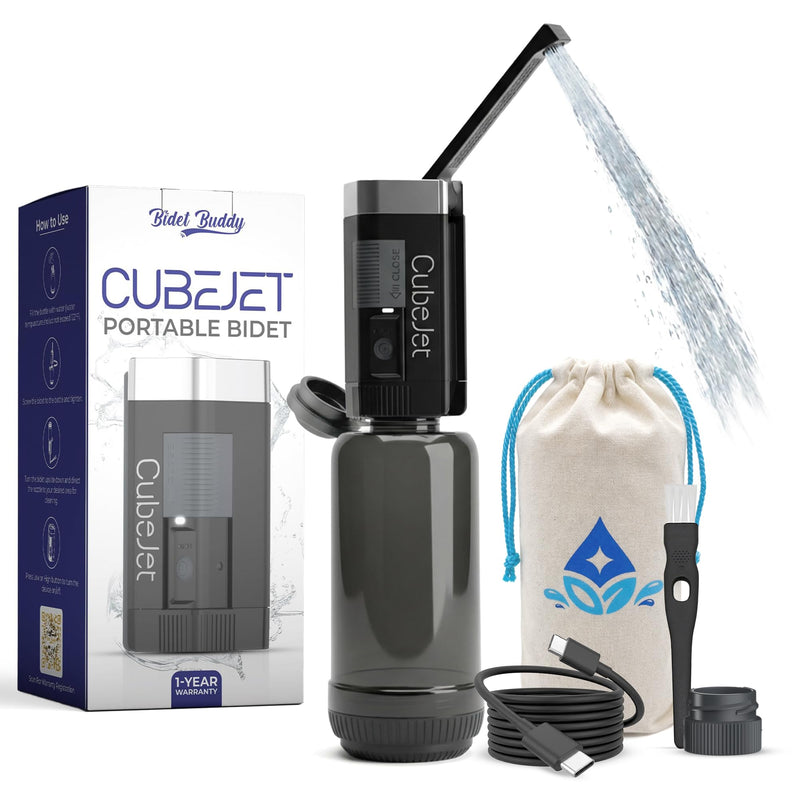 BIDET BUDDY® CubeJet Portable Bidet for Travel - 380ml Bottle, 1100mAh Rechargeable Battery, IPX6 Waterproof Wand-Style Nozzle, USB-C High-Pressure Hygiene Device for Camping & Home Obsidian Drift