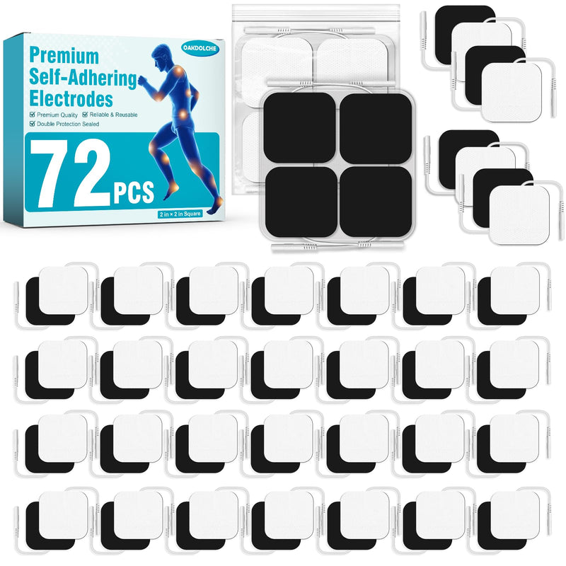 72PCS TENS Unit Pads (2"x2"), Reusable Self-Adhesive Electrodes Pads with 0.2mm Connector, Latex-Free, Hypoallergenic & Compatible with TENS/EMS 72PCS