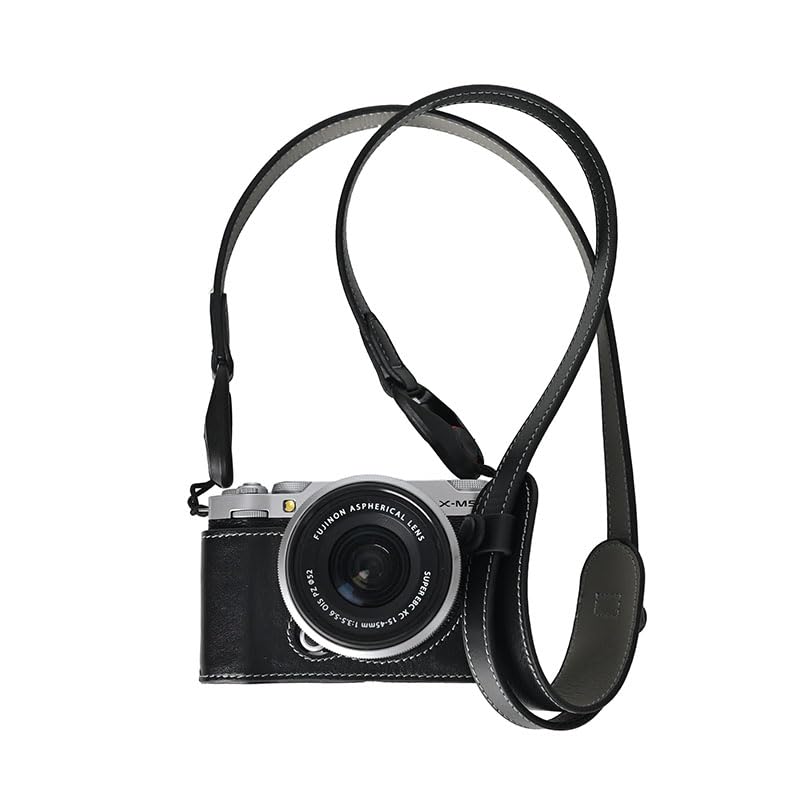 X-M5 Case, Handmade Genuine Real Leather Half Camera Case Bag Cover for Fujifilm X-M5 XM5 Bottom Opening Version + Neck Strap (Black) Black