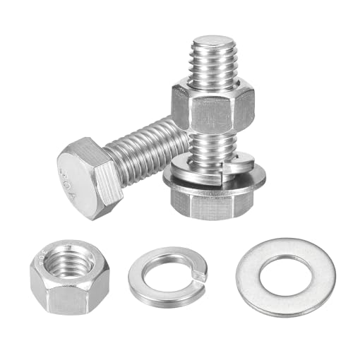 uxcell 20Set Hex Head Screw Bolt, 1/2-13 x 1-1/2" 304 Stainless Steel Fully Threaded Screw Bolt with Nuts, Flat & Lock Washers, Silver 1/2-13 x 1-1/2" 20