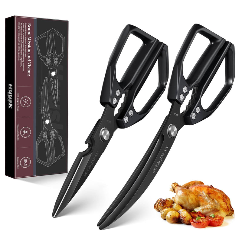 HUUSK Kitchen Scissors Set Black - Stainless Steel Kitchen Shears, Sharp Meat Scissors Dishwasher Safe, Heavy Duty Poultry Shears all Purpose, Japanese Cooking Scissor for Food, Chicken, and Turkey