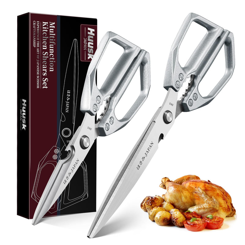 HUUSK Kitchen Scissors Set Silver - Upgraded Stainless Steel Kitchen Shear, Sharp Meat Scissors Dishwasher Safe, Heavy Duty Poultry Shears, Japanese Cooking Scissor for Food, Chicken Bones, and Turkey