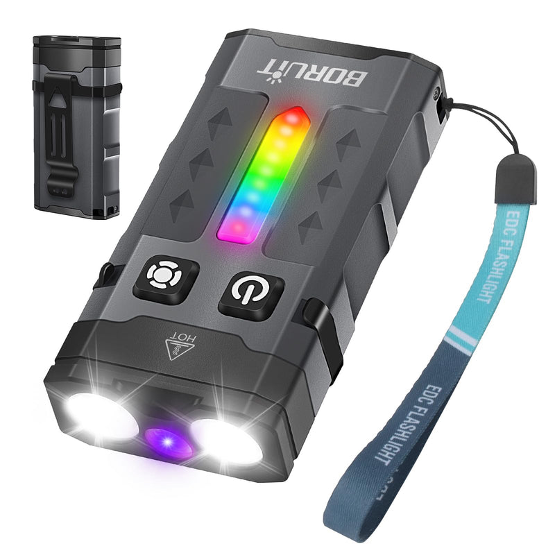 BORUIT EV20 LED Small EDC Flashlight with 365nm UV Light,1100 Lumen USB-C Rechargeable Pocket Keychain Flashlights with RGB Side Light,IP66 Waterproof,Clip & Tail Magnet for Camping,Aluminum Black