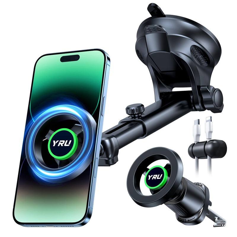 YRU [2025 Military-Grade] for Magsafe Car Mount [90+LBS Strong Suction] 360° Adjustable Magnetic Phone Holder for Car Dashboard Windshield Vent, Cradle for iPhone 17 16 15 14 13 12 Samsung, Black