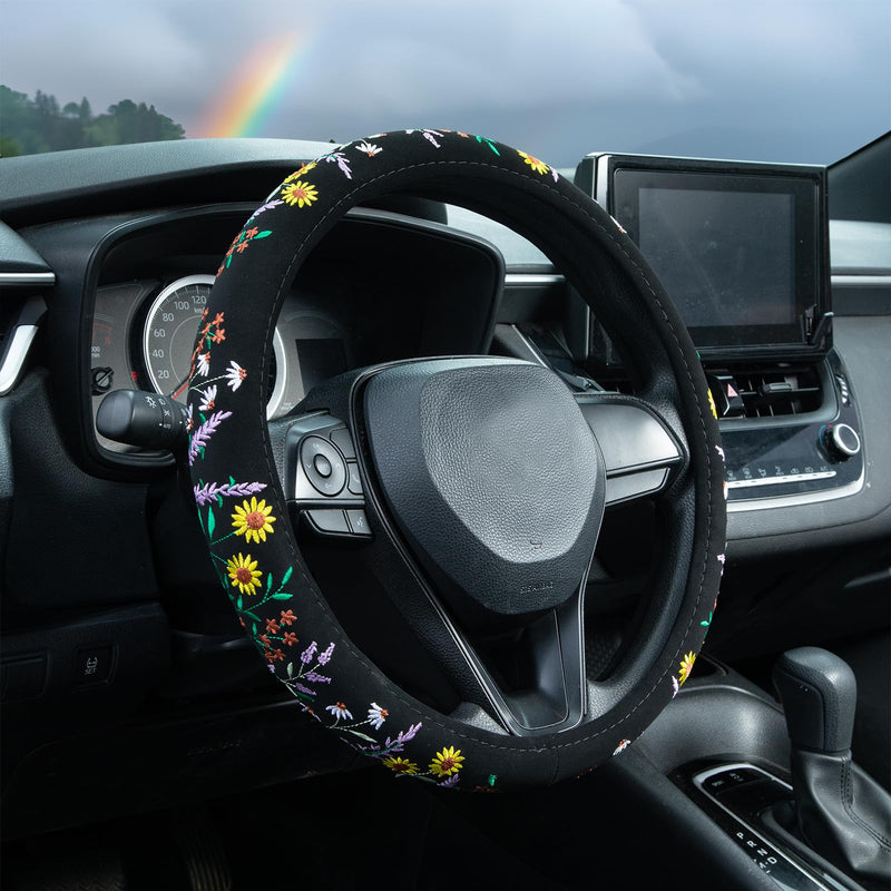  [AUSTRALIA] - Embroidered Sunflower Lavender Cute Black Steering Wheel Cover, Auto Anti-Slip Breathable Steering Wheel Protector, Butterfly Floral Car Accessories for Women,Universal Size Fit Most Cars -15 inch