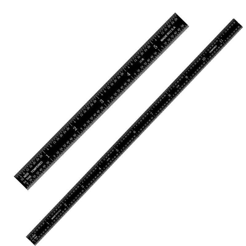 PEC Tools Stainless Steel Ruler Set (6"+12"), High-Contrast Machinist Ruler with Markings 1/32", 1/64", 1/50" and 1/100", Made in USA Black Chrome-Flexible 6"+12"